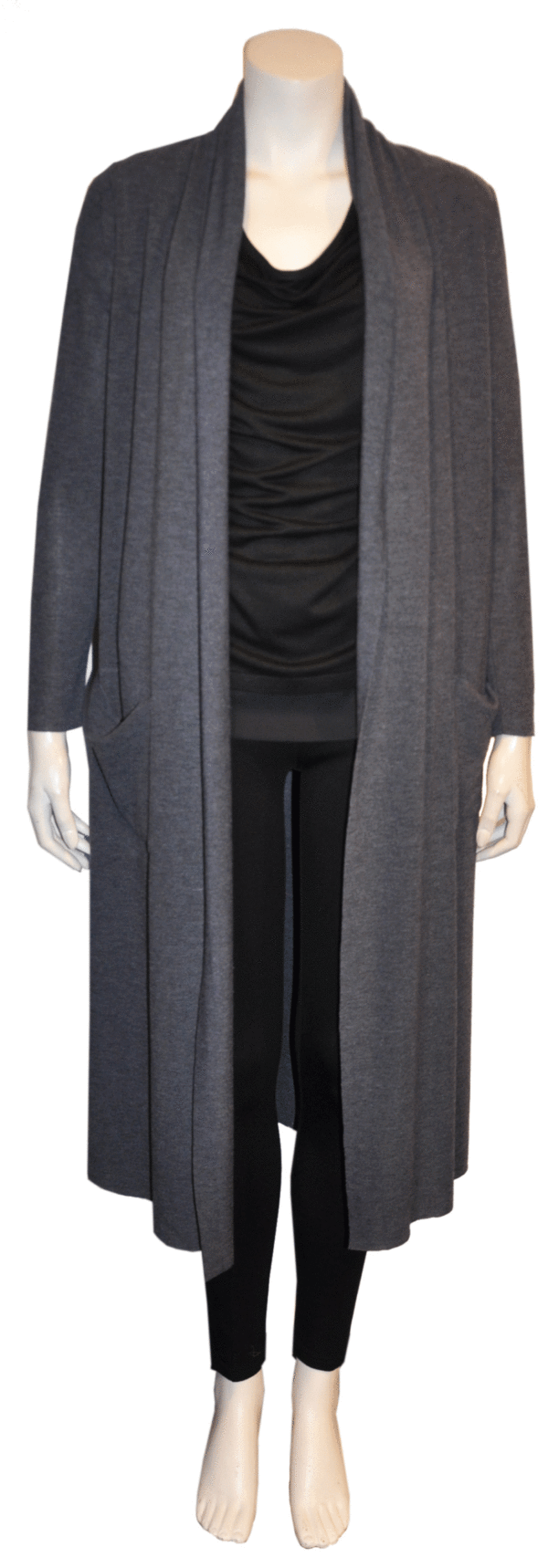 CHARCOAL LONG DUSTER CARDIGAN- FRONT
