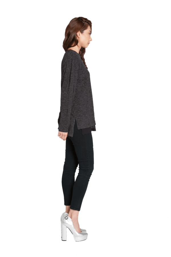 CHARCOAL HEATHER TOP WITH CHIFFON DETAIL- SIDE