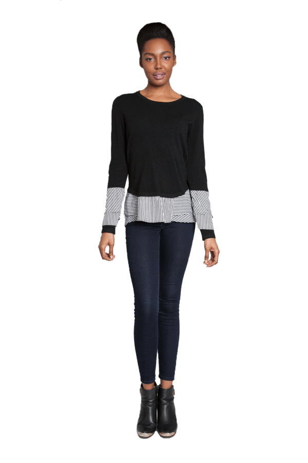 BLACK TWOFER KNIT TOP WITH LAYERED BLOUSE LOOK DETAIL- FRONT