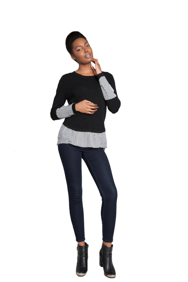 BLACK TWOFER KNIT TOP WITH LAYERED BLOUSE LOOK DETAIL- FRONT