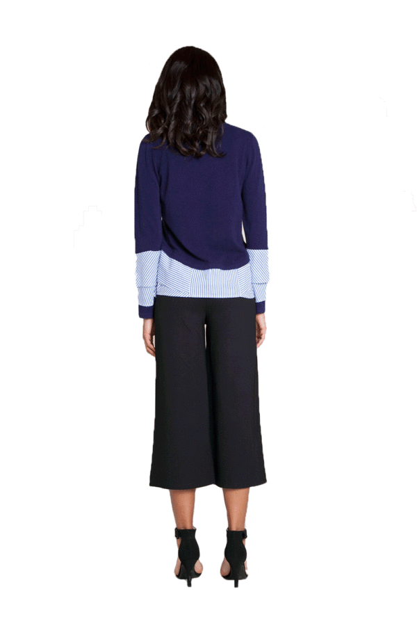 NAVY TWOFER KNIT TOP WITH LAYERED BLOUSE LOOK DETAIL- BACK