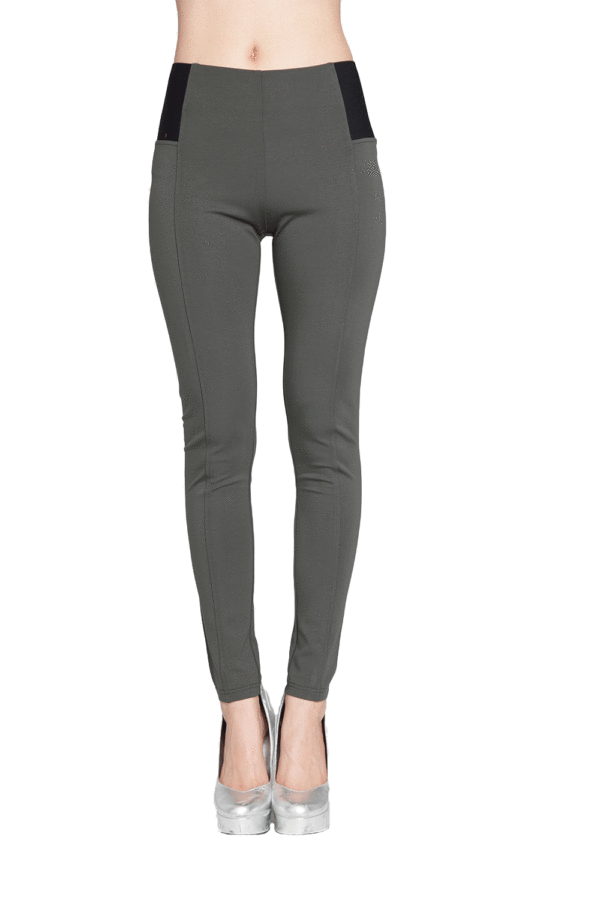 OLIVE FULL LENGTH LEGGINGS WITH EXPOSED ELASTIC DETAIL- FRONT