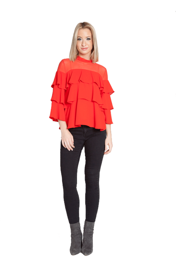RED RUFFLE TOP WITH MESH HIGH NECK- FRONT