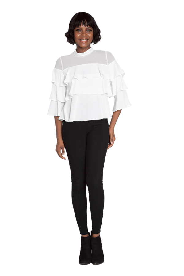 WHITE RUFFLE TOP WITH MESH HIGH NECK- FRONT