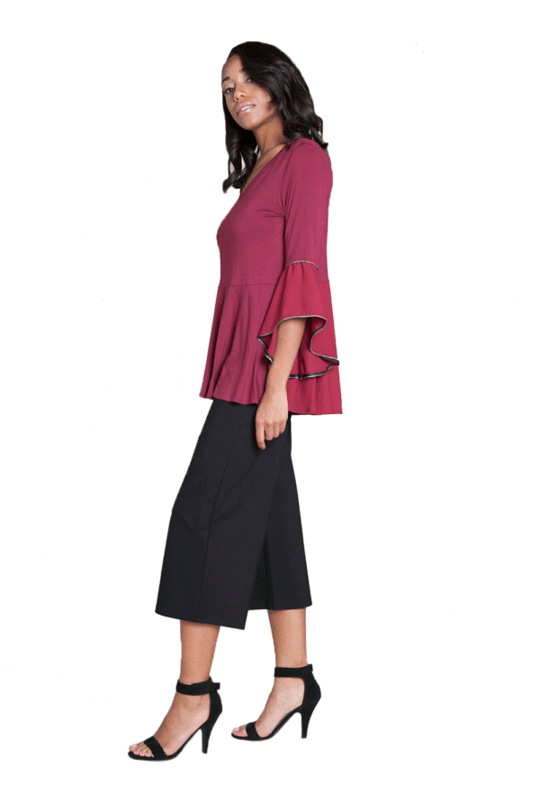 BURGUNDY TOP WITH CHIFFON BELL SLEEVE DETAIL- SIDE