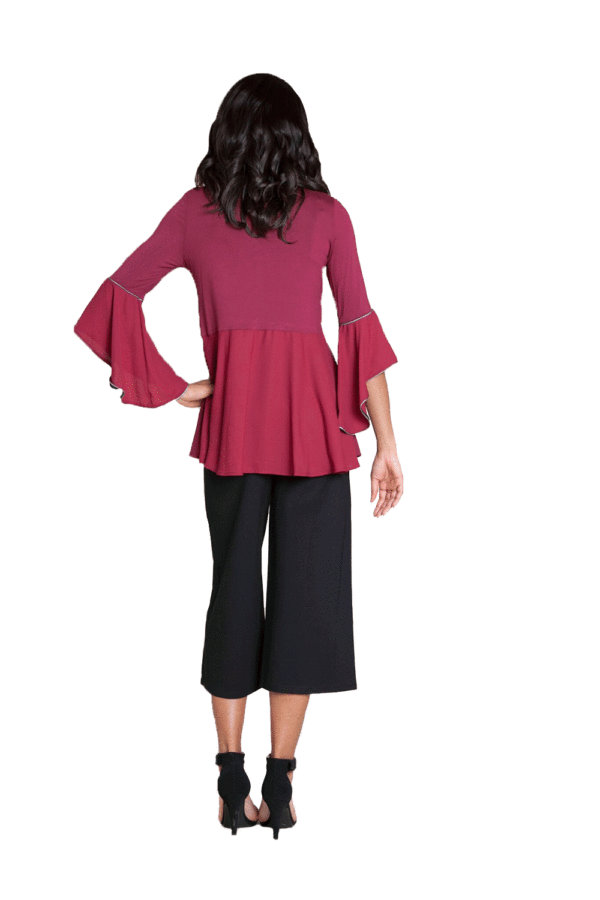 BURGUNDY TOP WITH CHIFFON BELL SLEEVE DETAIL- BACK