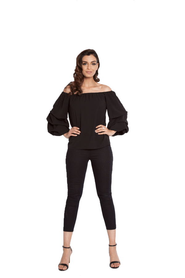 BLACK BARDOT OFF THE SHOULDER TOP WITH RUFFLE SLEEVE DETAIL- FRONT