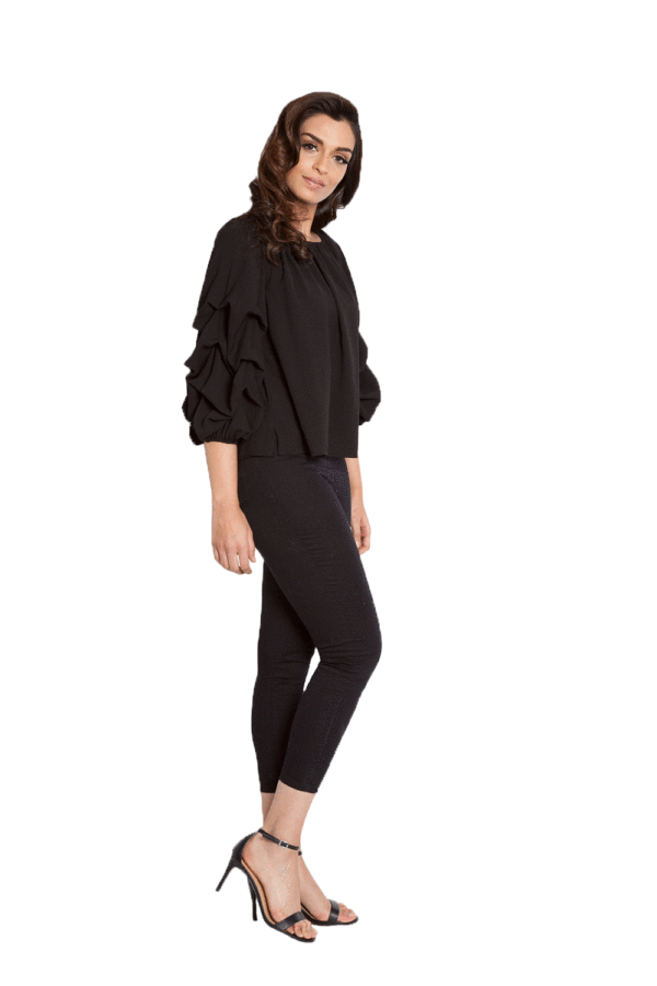 BLACK BARDOT OFF THE SHOULDER TOP WITH RUFFLE SLEEVE DETAIL- SIDE