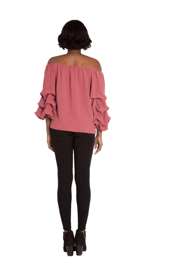 PINK BARDOT OFF THE SHOULDER TOP WITH RUFFLE SLEEVE DETAIL- BACK