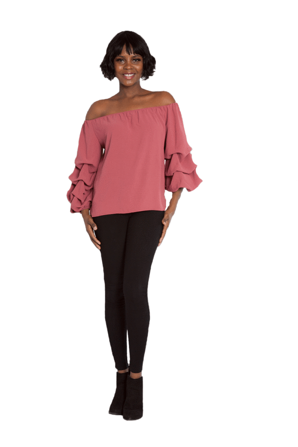 PINK BARDOT OFF THE SHOULDER TOP WITH RUFFLE SLEEVE DETAIL- FRONT