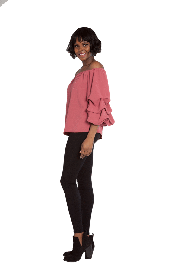 PINK BARDOT OFF THE SHOULDER TOP WITH RUFFLE SLEEVE DETAIL- SIDE