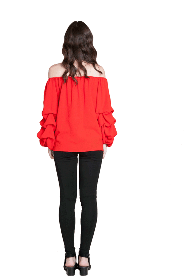 RED BARDOT OFF THE SHOULDER TOP WITH RUFFLE SLEEVE DETAIL- BACK