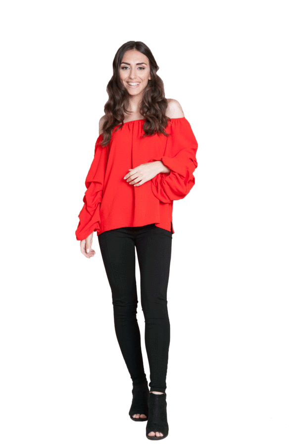 RED BARDOT OFF THE SHOULDER TOP WITH RUFFLE SLEEVE DETAIL- FRONT