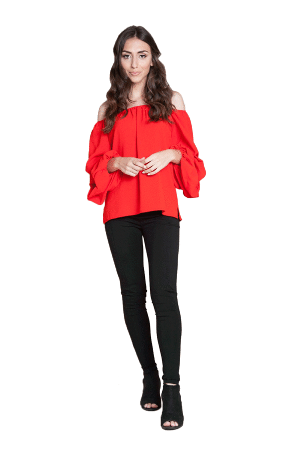 RED BARDOT OFF THE SHOULDER TOP WITH RUFFLE SLEEVE DETAIL- FRONT