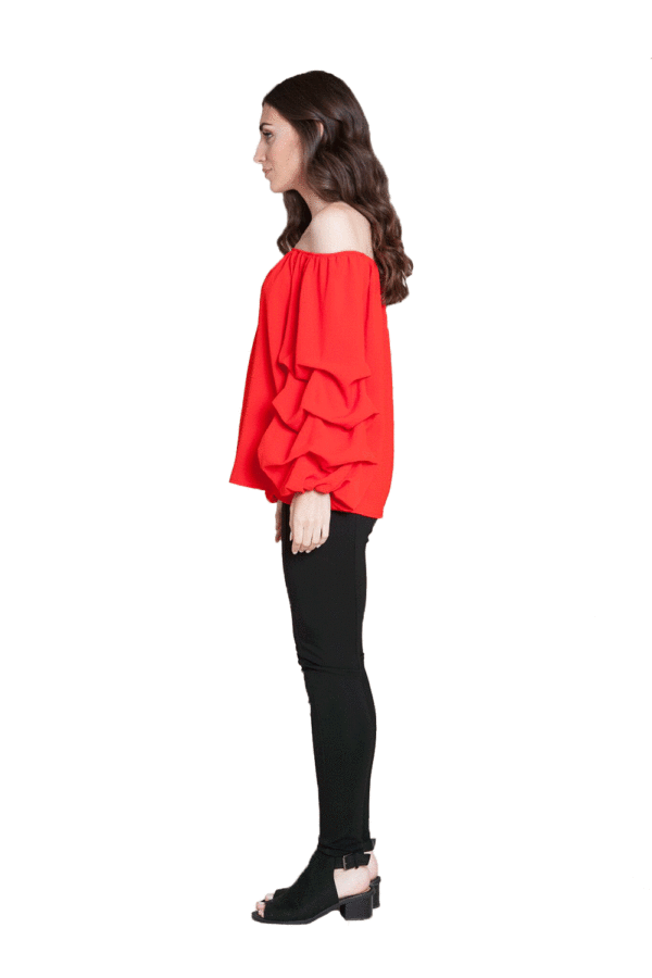 RED BARDOT OFF THE SHOULDER TOP WITH RUFFLE SLEEVE DETAIL- SIDE