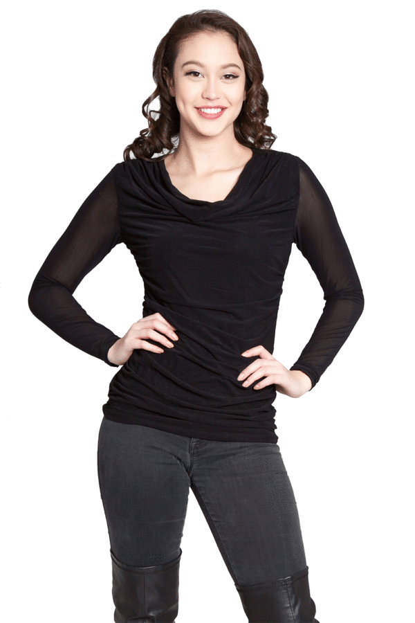 BLACK MESH LAYERED DRAPE FRONT TOP- FRONT