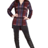 BURGUNDY PLAID PRINTED ASYMMETRICAL ZIP FRONT TOP- FRONT