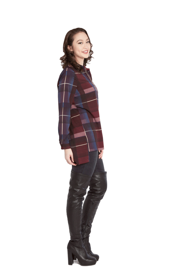 BURGUNDY PLAID PRINTED ASYMMETRICAL ZIP FRONT TOP- SIDE