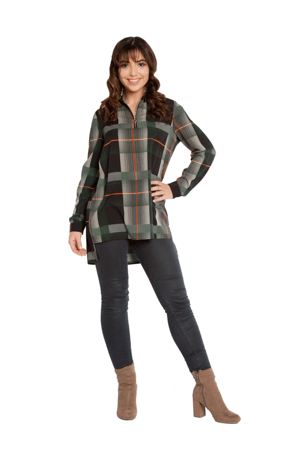 OLIVE PLAID PRINTED ASYMMETRICAL ZIP FRONT TOP- FRONT