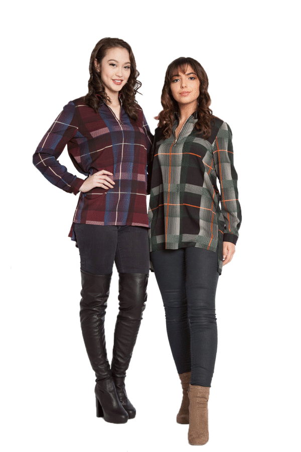 PLAID PRINTED ASYMMETRICAL ZIP FRONT TOP- FRONT