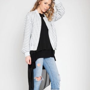 pinstripe bomber jacket lightweight outerwear grey patrizia luca style barami fashion fall trend shopping