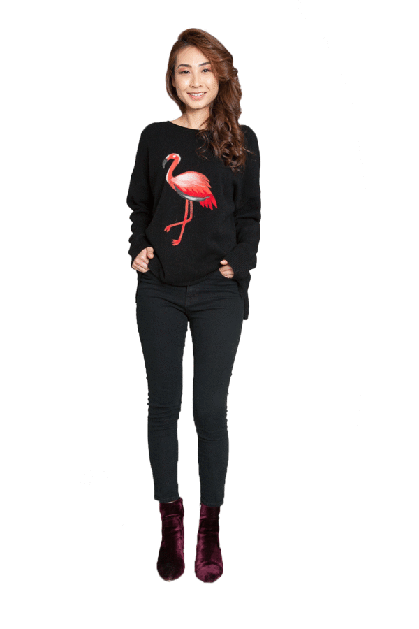 BLACK KNIT SWEATER WITH FLAMINGO PRINT- FRONT