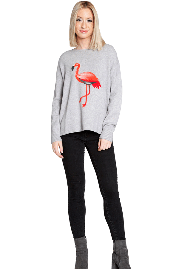 GREY KNIT SWEATER WITH FLAMINGO PRINT- FRONT