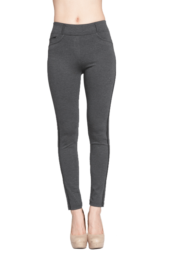 CHARCOAL FULL LENTH JEGGING WITH FAUX LEATHER TRIM- FRONT