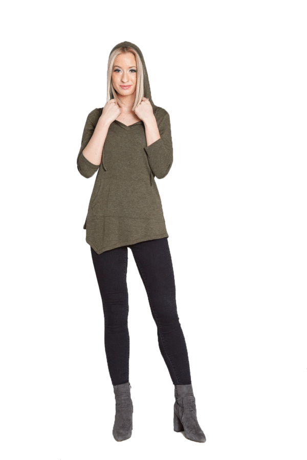 OLIVE HOODED TOP WITH POCKET- FRONT HOOD