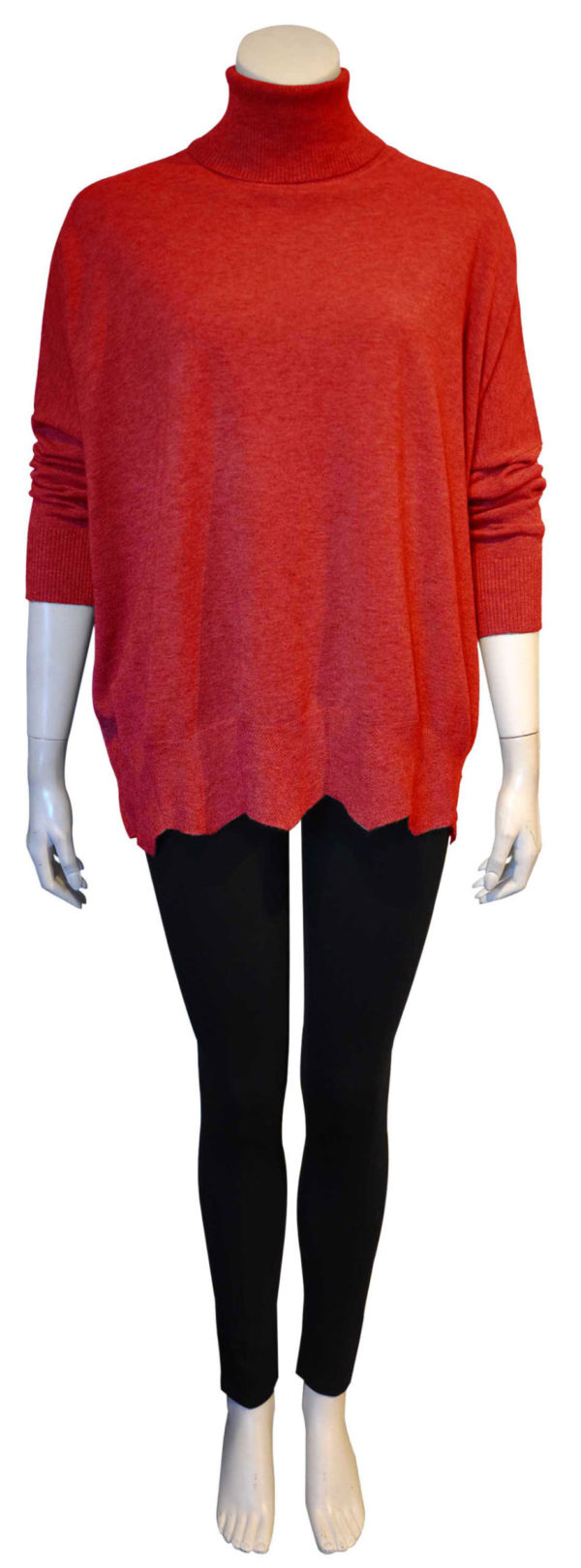 red knit turtleneck top with scallop hem- front