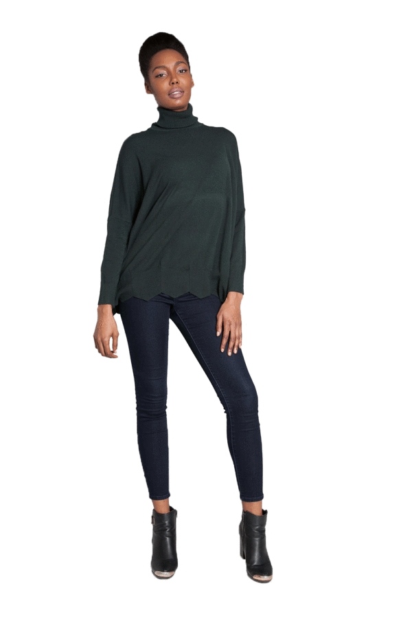 GREEN KNIT TURTLENECK SCALLOPED SWEATER- FRONT
