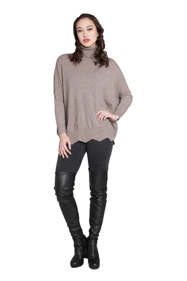 TAUPE KNIT TURTLENECK SCALLOPED SWEATER- FRONT