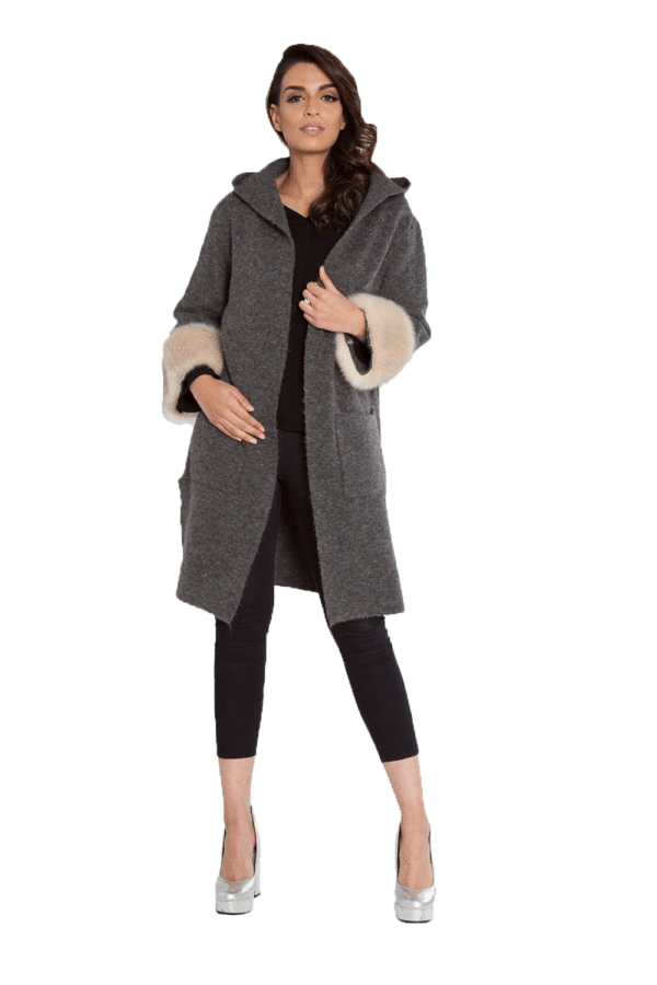CHARCOAL KNIT CARDIGAN WITH FAUX FUR SLEEVES- FRONT