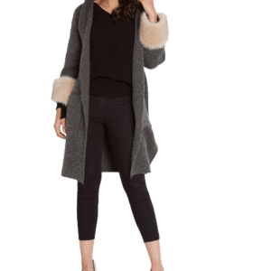 CHARCOAL KNIT CARDIGAN WITH FAUX FUR SLEEVES- FRONT HOOD
