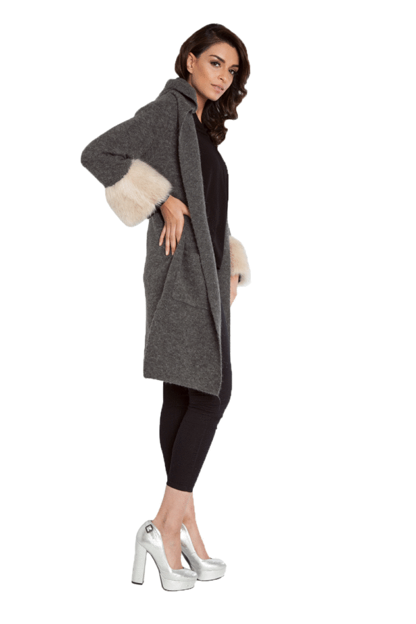 CHARCOAL KNIT CARDIGAN WITH FAUX FUR SLEEVES- SIDE