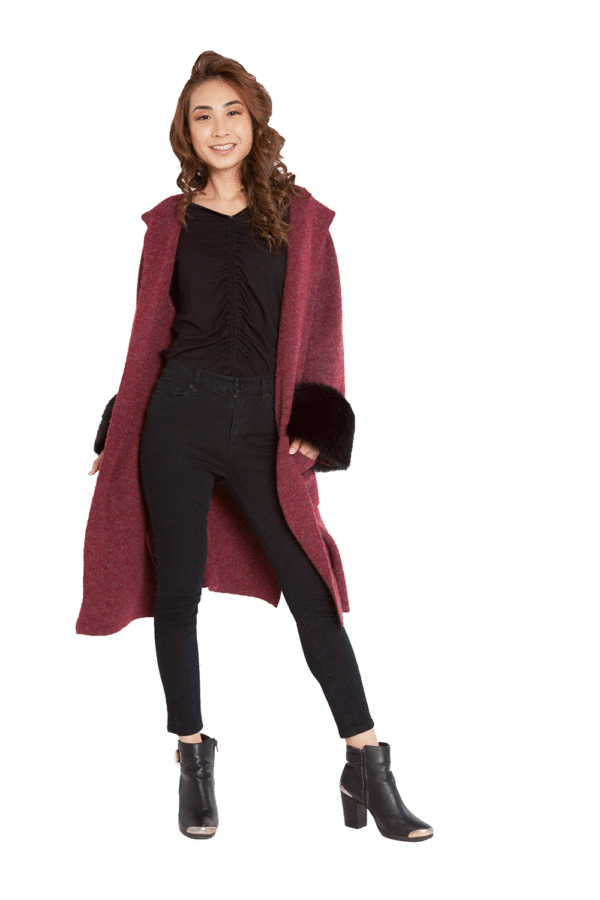 PLUM KNIT CARDIGAN WITH FAUX FUR SLEEVES- FRONT