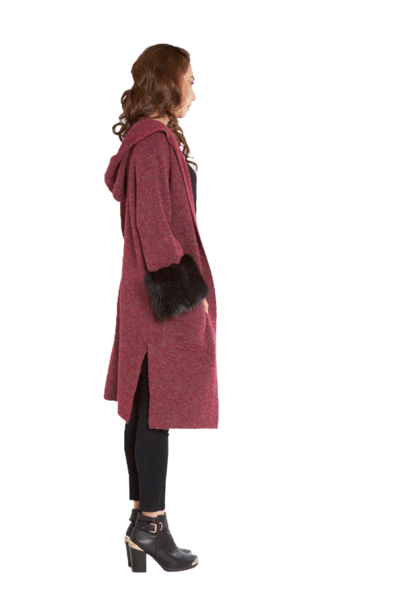 PLUM KNIT CARDIGAN WITH FAUX FUR SLEEVES- SIDE
