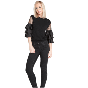 BLACK RUFFLE SLEEVE KNIT TOP- FRONT