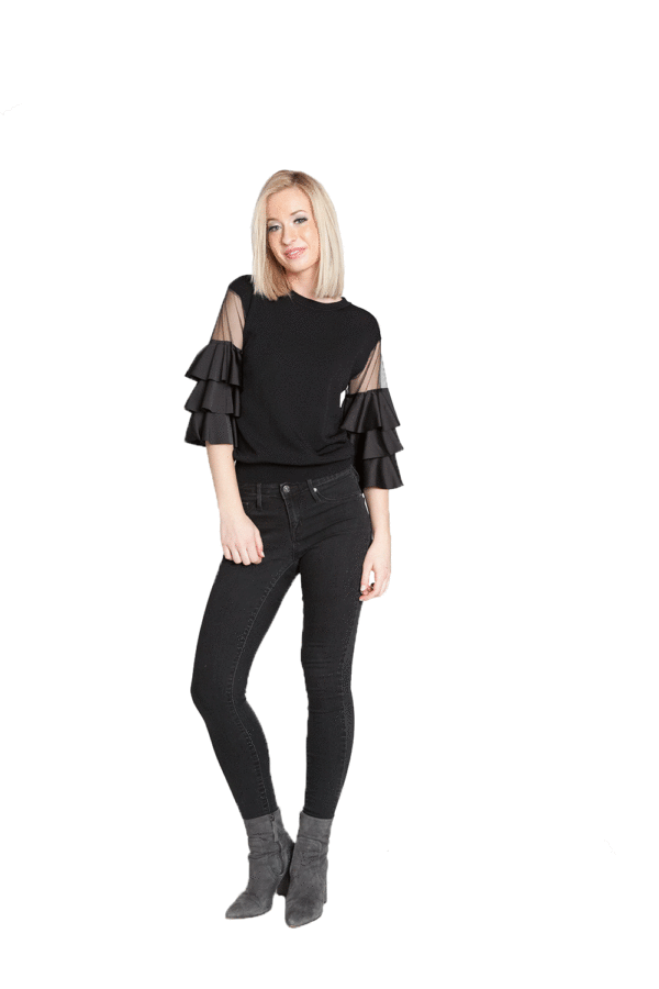 BLACK RUFFLE SLEEVE KNIT TOP- FRONT