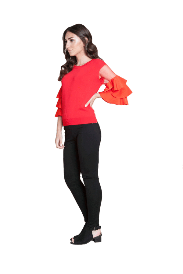 RED RUFFLE SLEEVE KNIT TOP- SIDE