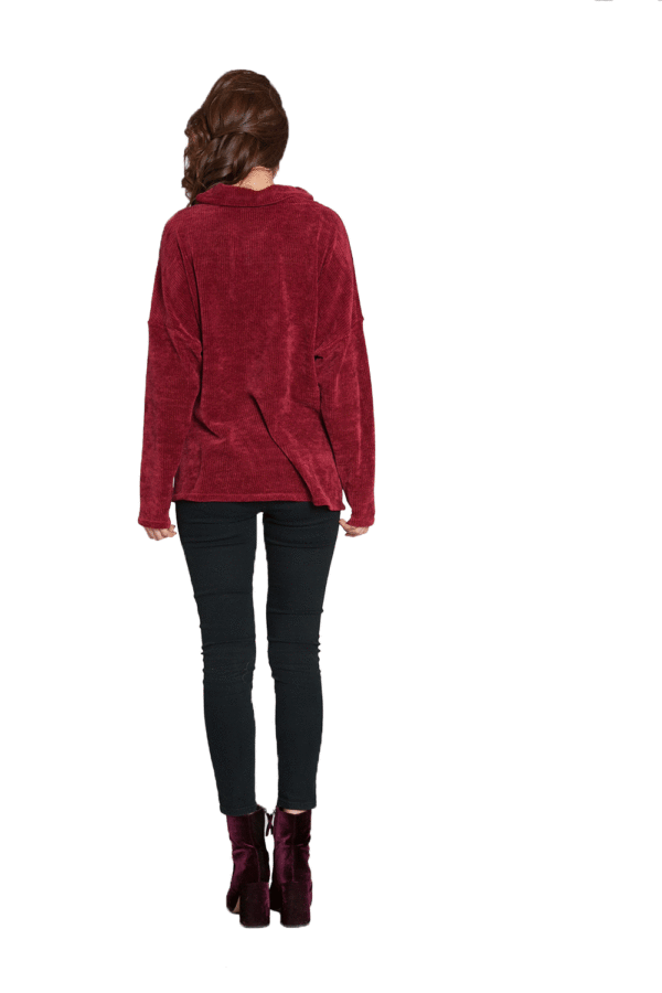 BURGUNDY CHENILLE KNIT COWL NECK SWEATER WITH ZIPS- BACK