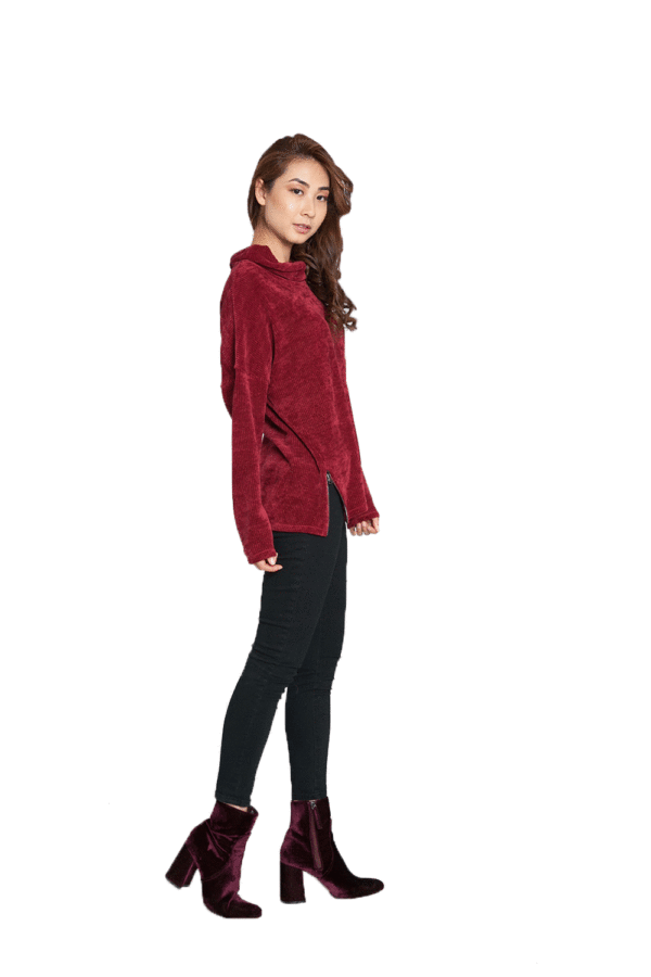 BURGUNDY CHENILLE KNIT COWL NECK SWEATER WITH ZIPS- SIDE