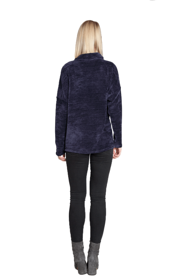 NAVY CHENILLE KNIT COWL NECK SWEATER WITH ZIPS- BACK