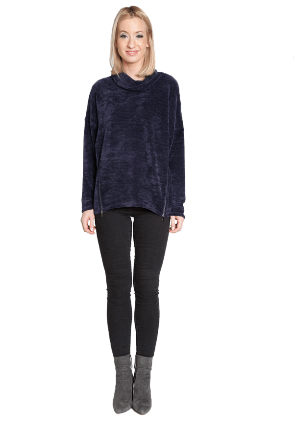 NAVY CHENILLE KNIT COWL NECK SWEATER WITH ZIPS- FRONT