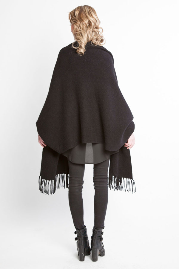 black knit poncho fringe cape- back