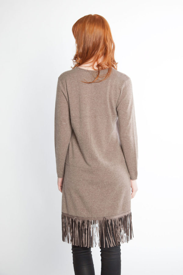 taupe knit dress with fringe- back