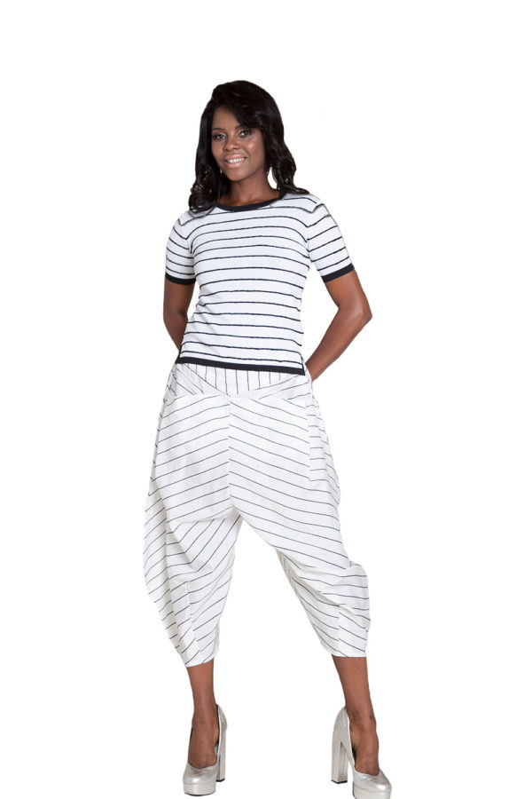 white and black striped pants- front