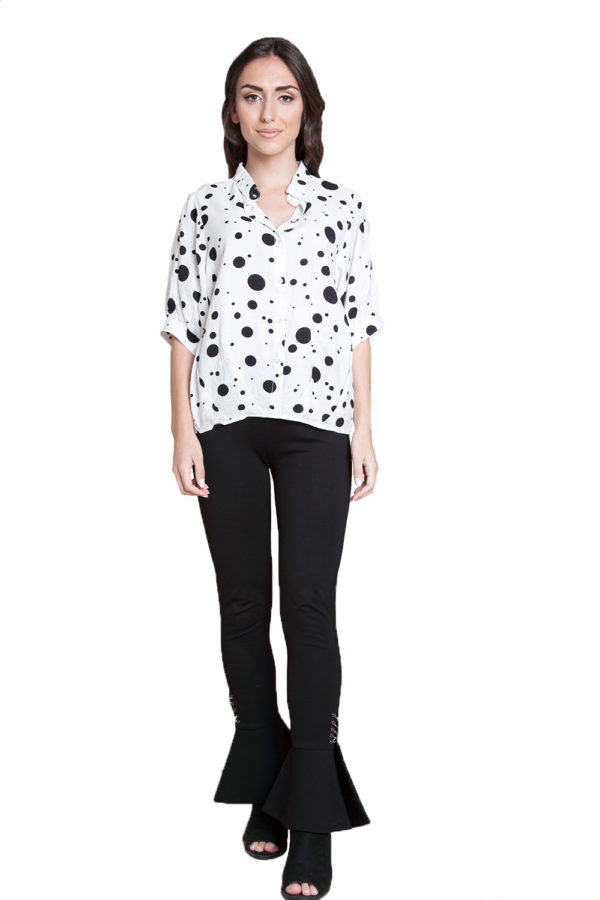 white and black polkadot blouse- front