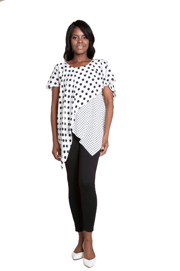 white and black polka top- front