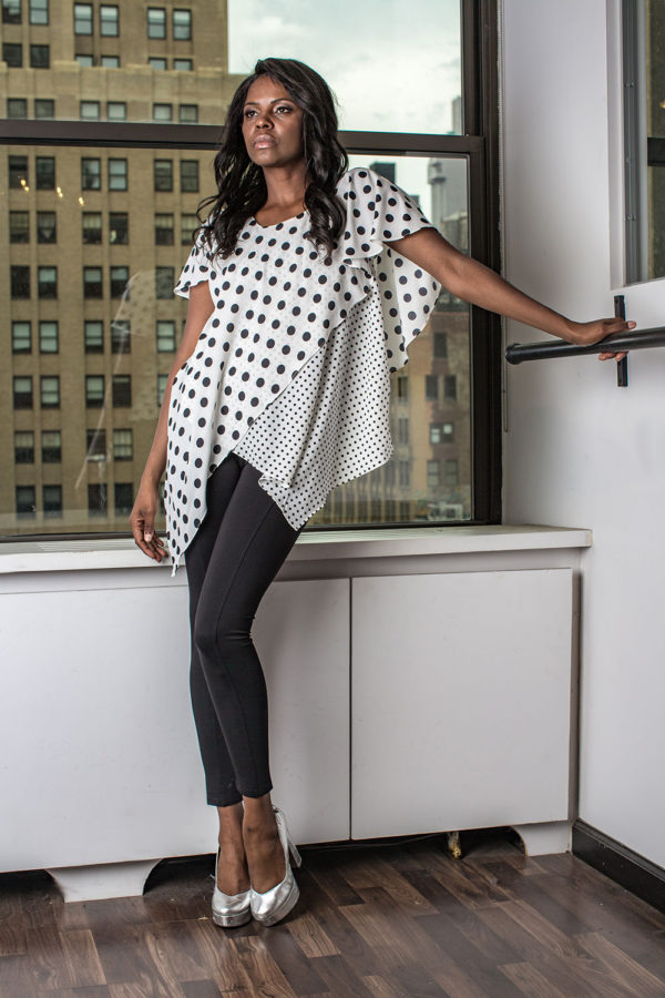 white and black polka dot top- front